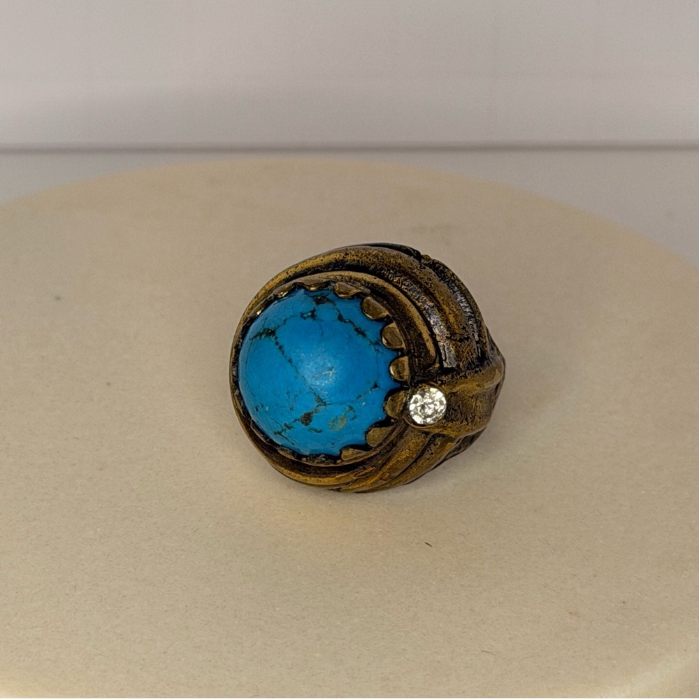 Vintage Turquoise Look Statement Ring Antiqued Gold Tone Boho Costume‎ Jewelry